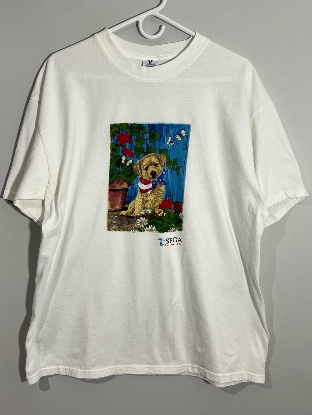 Vintage Yazbek SPCA International Puppy Dog White Short Sleeve T-Shirt Adult XL
